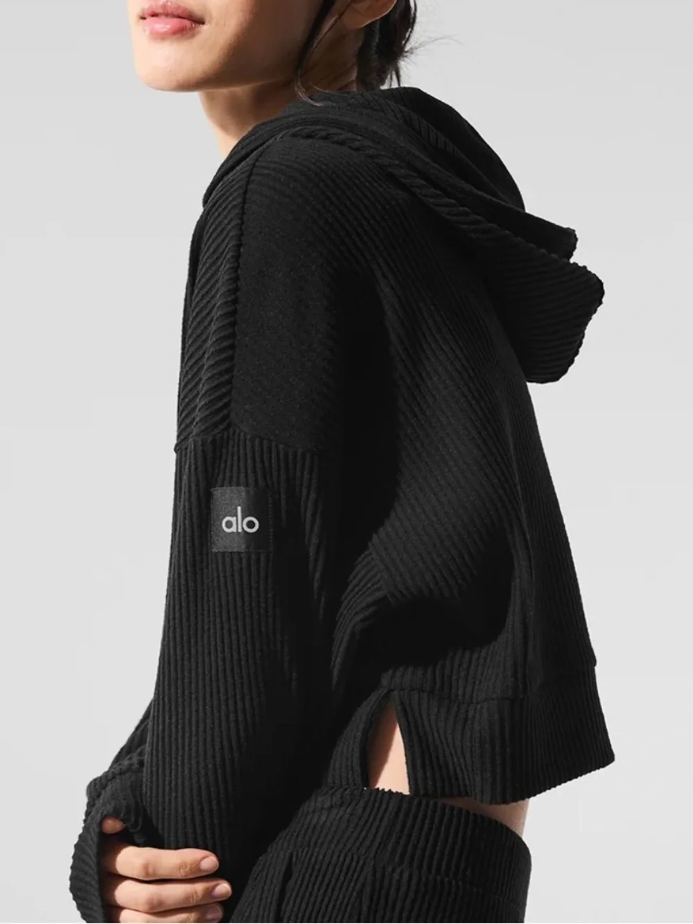 ALO Yoga Black Cropped Ribbed Hoodie.Size small